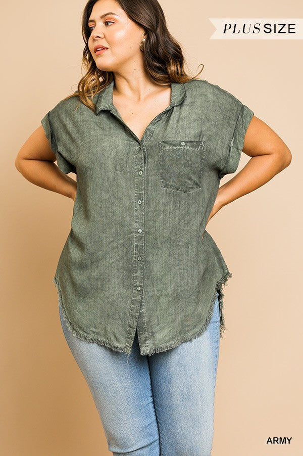 Washed Button Up Short Sleeve Top With Frayed Hemline Look Up Deals