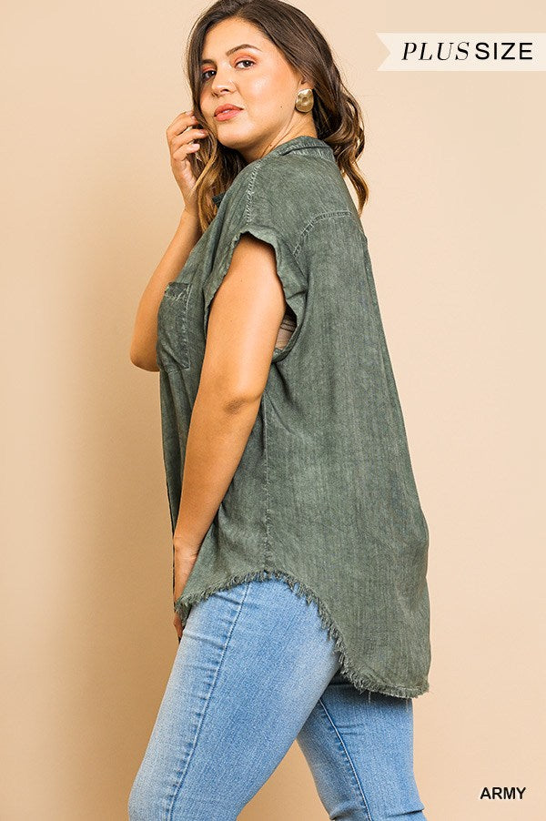 Washed Button Up Short Sleeve Top With Frayed Hemline Look Up Deals