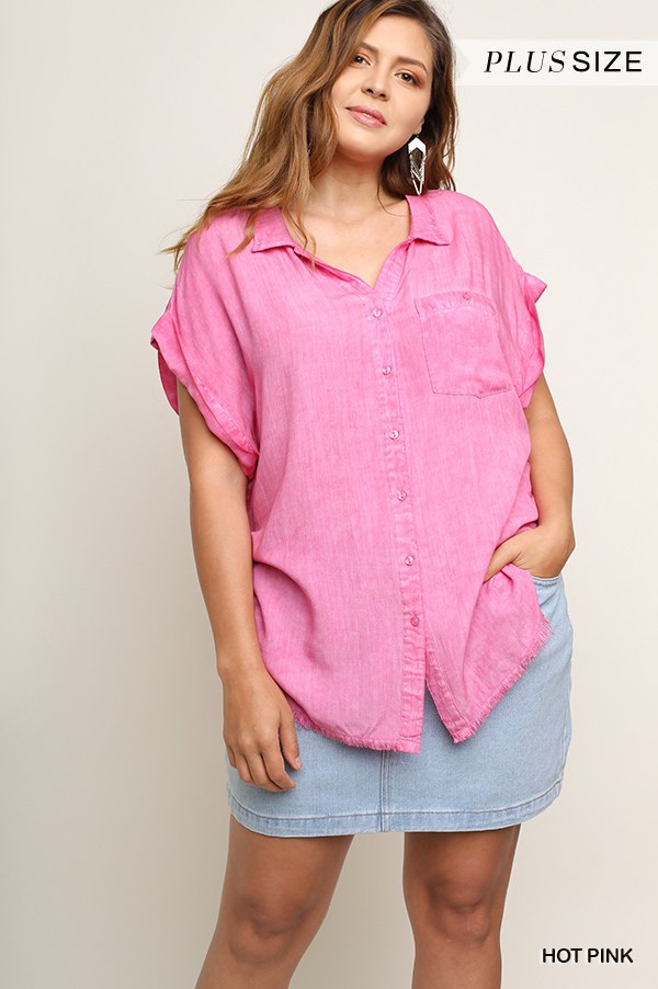 Washed Button Up Short Sleeve Top With Frayed Hemline Look Up Deals