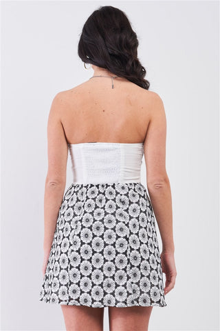 White & Black Floral Crochet Sleeveless Strapless Smock Back Detail Mini Dress Look Up Deals