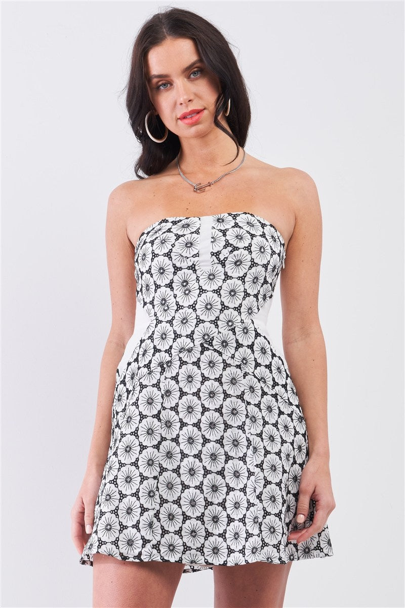 White & Black Floral Crochet Sleeveless Strapless Smock Back Detail Mini Dress Look Up Deals