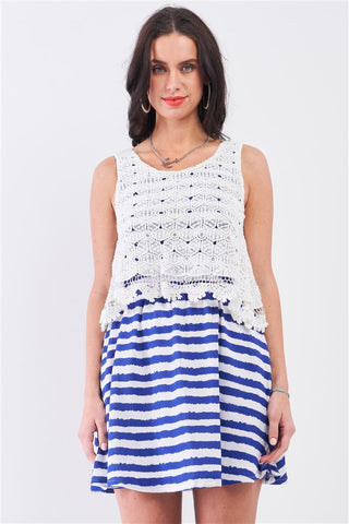 White & Navy Horizontal Striped Round Neck Sleeveless Floral Embroidery Layered Top Mini Dress Look Up Deals