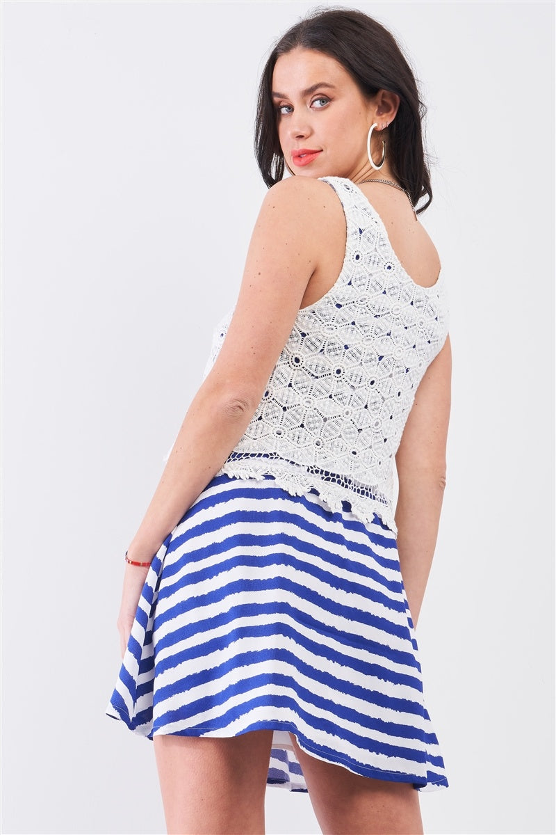 White & Navy Horizontal Striped Round Neck Sleeveless Floral Embroidery Layered Top Mini Dress Look Up Deals