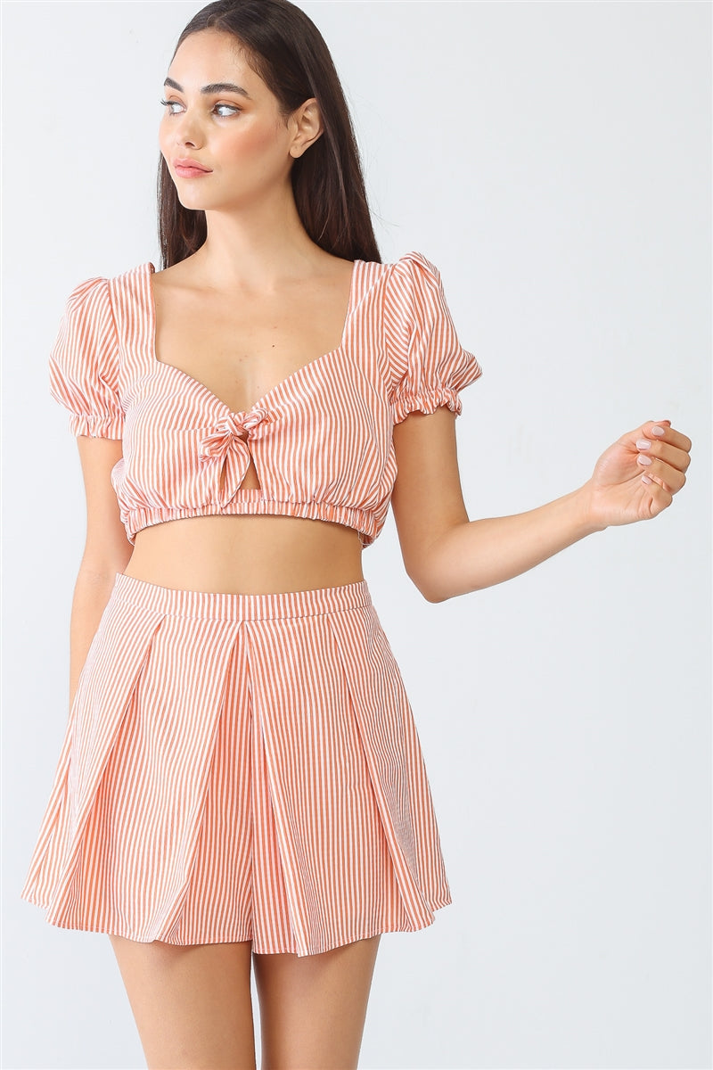 White & Orange Stripe Print Self-tie Short Sleeve Crop Top & High Waist Shorts Set Look Up Deals