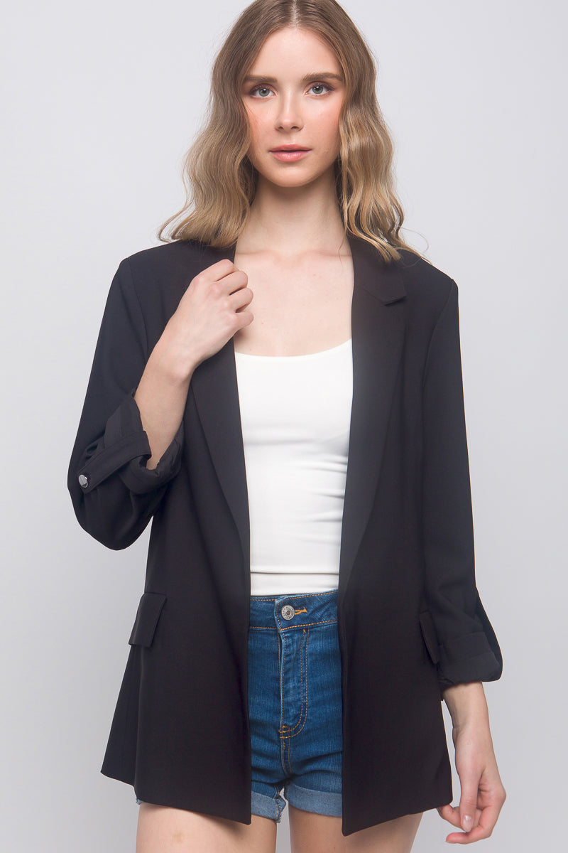 Woven Solid 3/4 Sleeve Blazer Look Up Deals