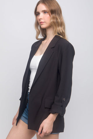 Woven Solid 3/4 Sleeve Blazer Look Up Deals