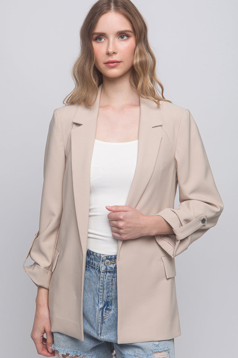 Woven Solid 3/4 Sleeve Blazer Look Up Deals