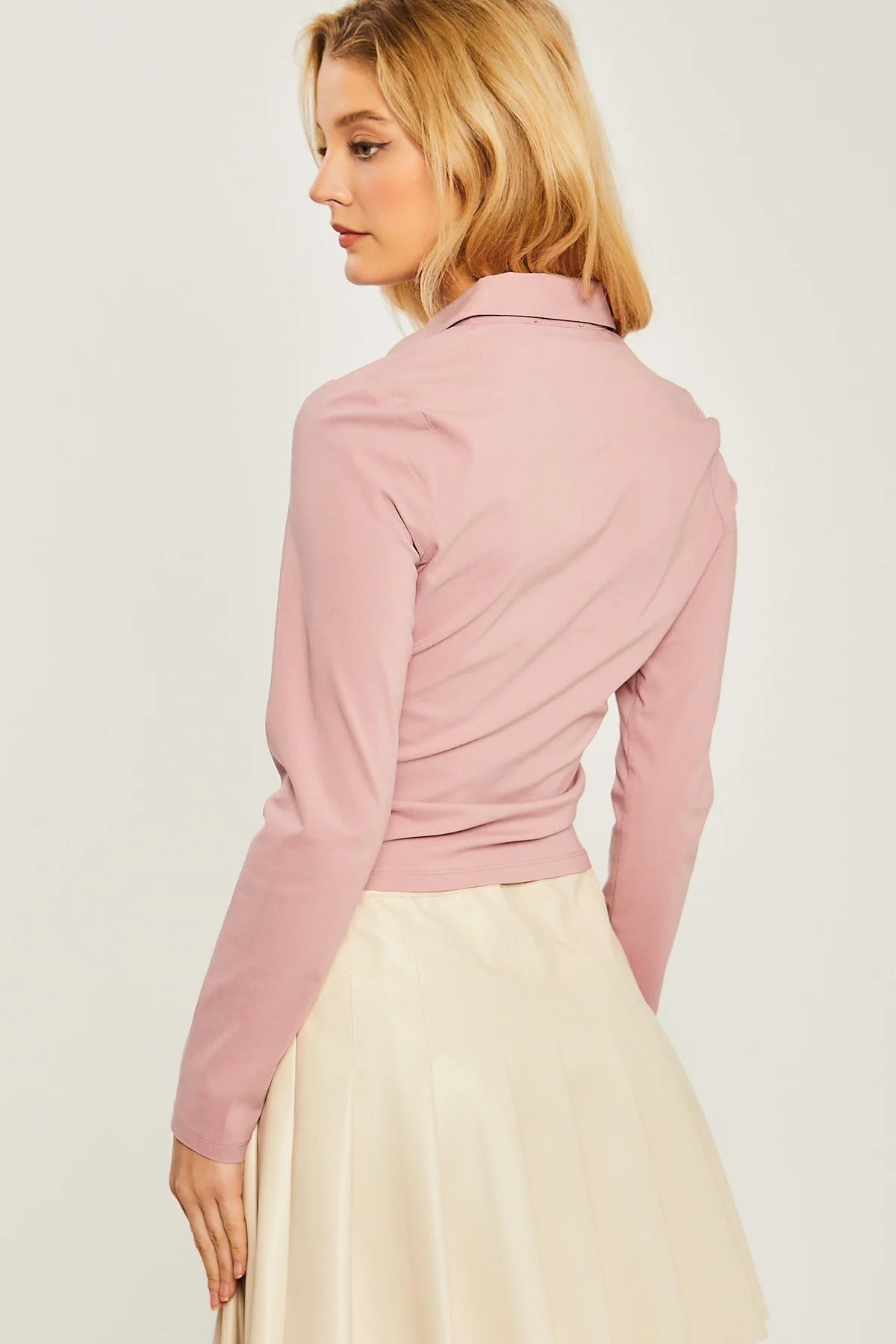 Woven Solid Ruched Front Long Sleeve Look Up Deals