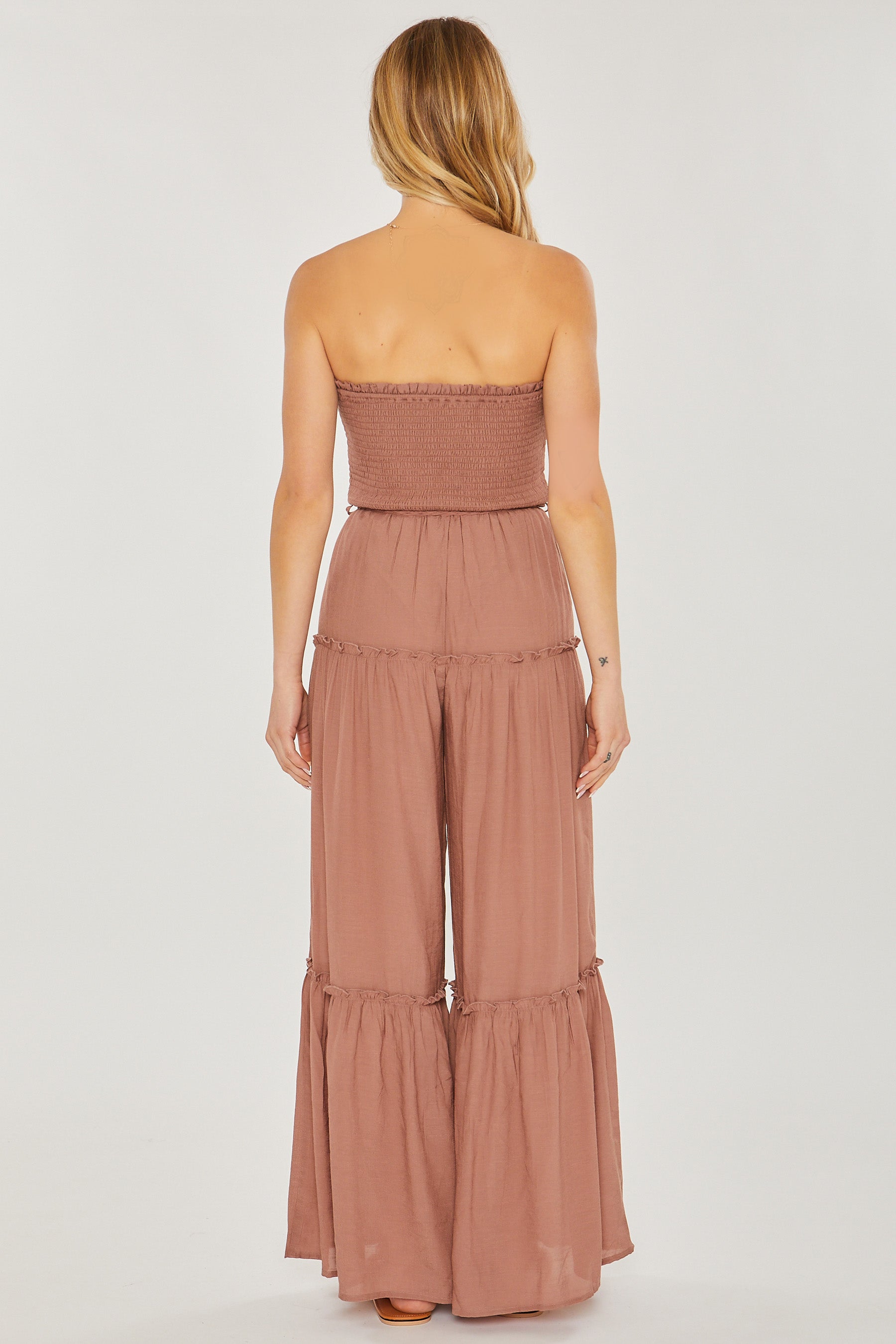 Woven Solid Sleeveless Smocked Ruffle Jumpsuit Look Up Deals