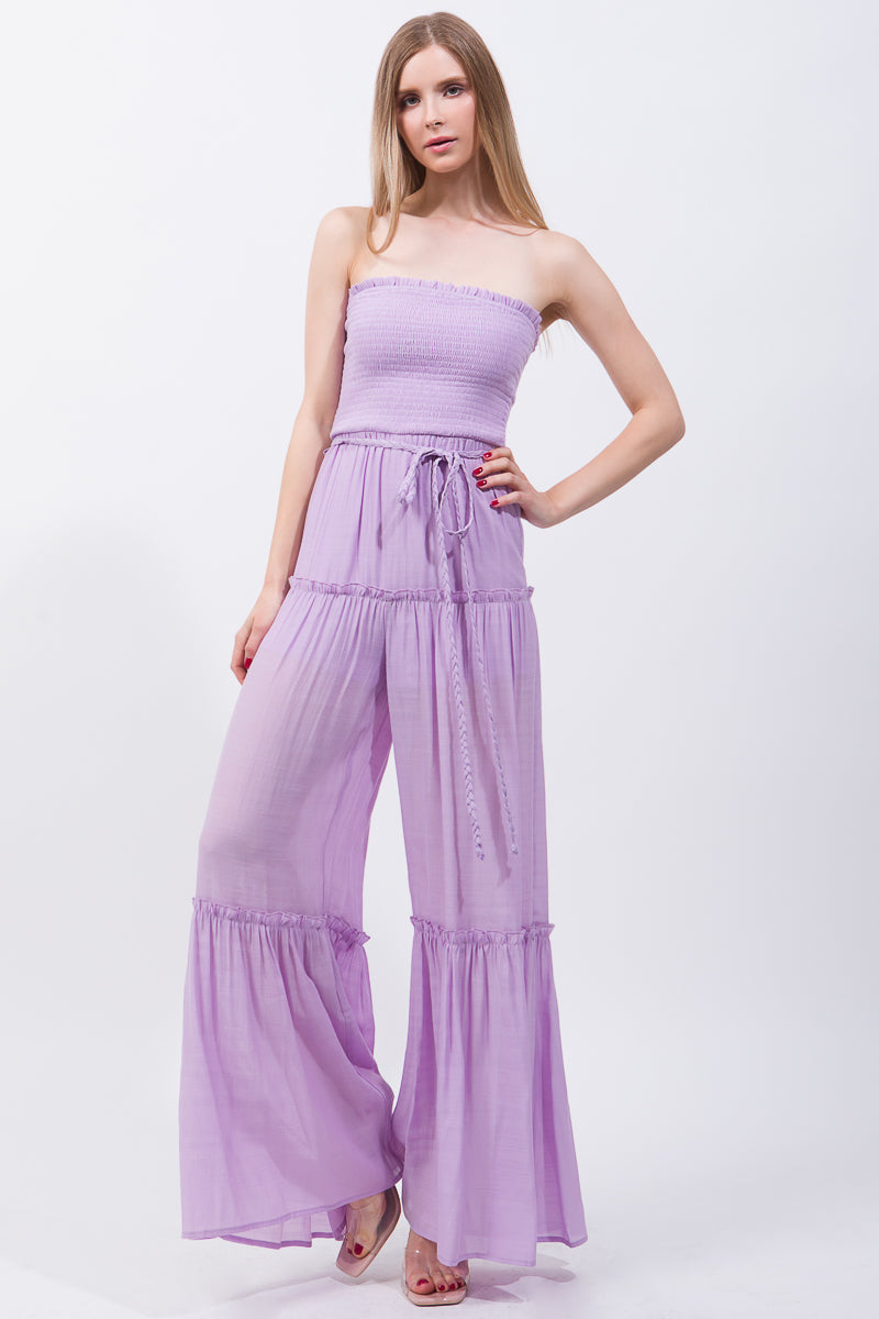 Woven Solid Sleeveless Smocked Ruffle Jumpsuit Look Up Deals