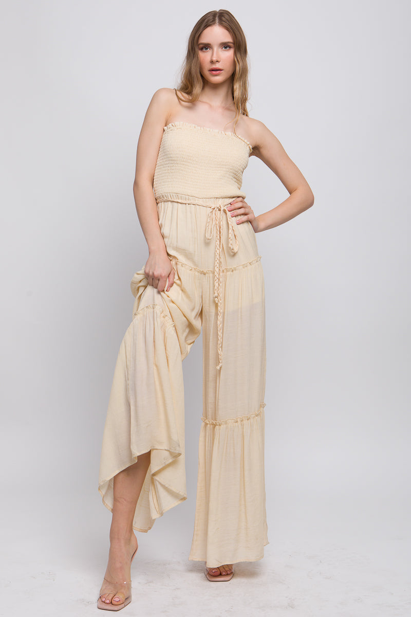 Woven Solid Sleeveless Smocked Ruffle Jumpsuit Look Up Deals