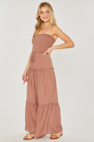 Woven Solid Sleeveless Smocked Ruffle Jumpsuit Look Up Deals