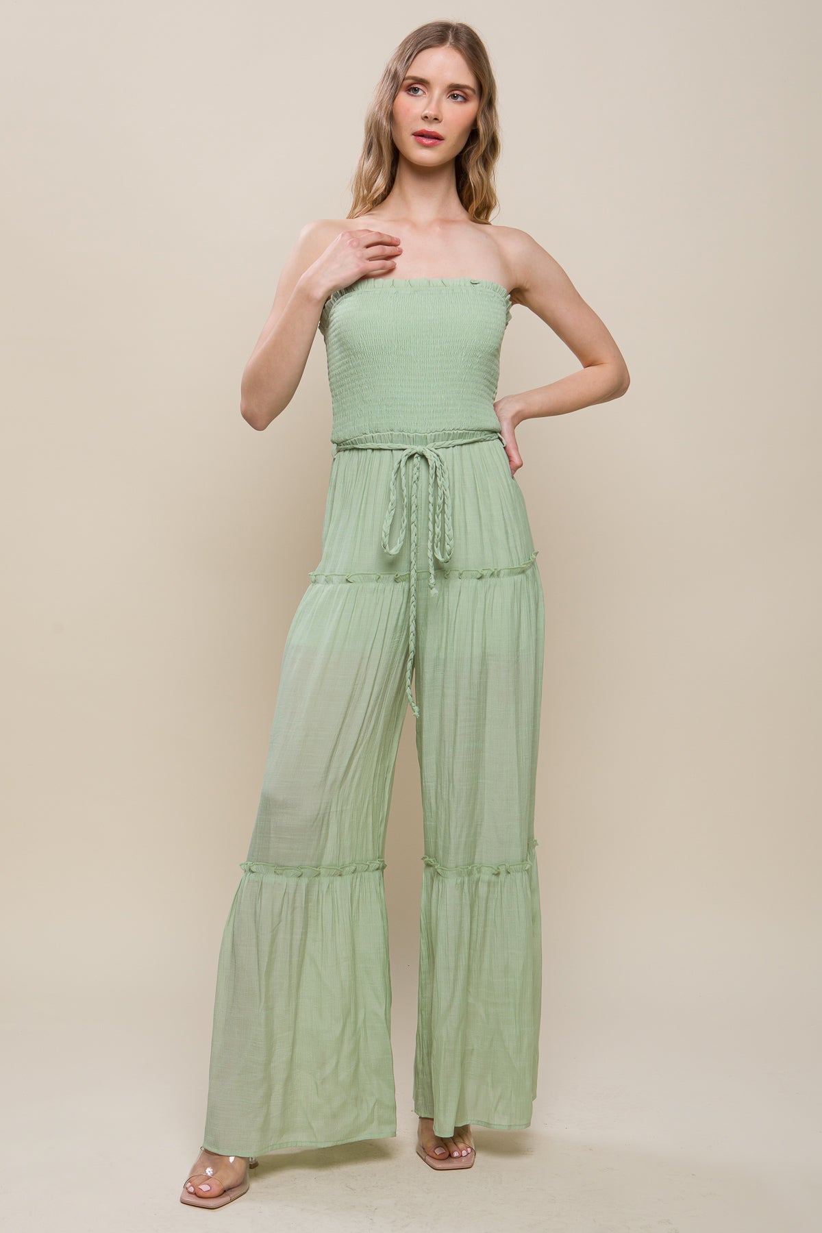 Woven Solid Sleeveless Smocked Ruffle Jumpsuit Look Up Deals