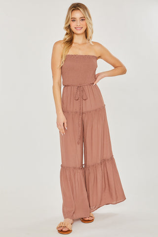 Woven Solid Sleeveless Smocked Ruffle Jumpsuit Look Up Deals