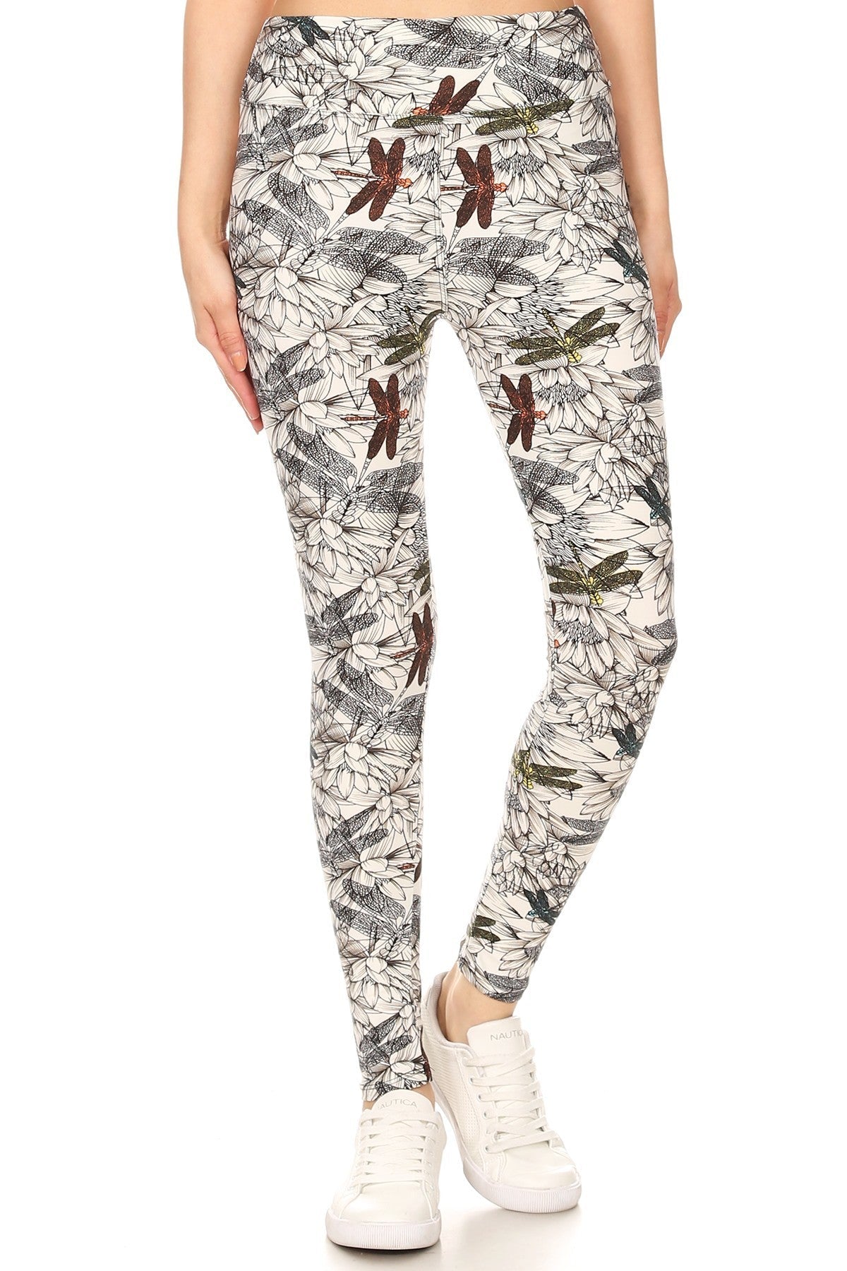 Yoga Style Banded Lined Dragonfly Print, Full Length Leggings In A Slim Fitting Style With A Banded High Waist Look Up Deals