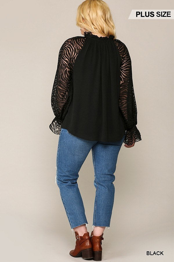 Zebra Burnout Sleeve Ruffled Neck Bubble Crepe Blouse Look Up Deals