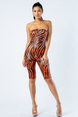 Zebra Print Tube Romper With Front O Ring Zipper Detail Look Up Deals