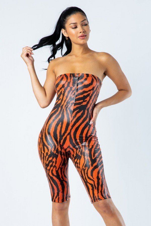 Zebra Print Tube Romper With Front O Ring Zipper Detail Look Up Deals