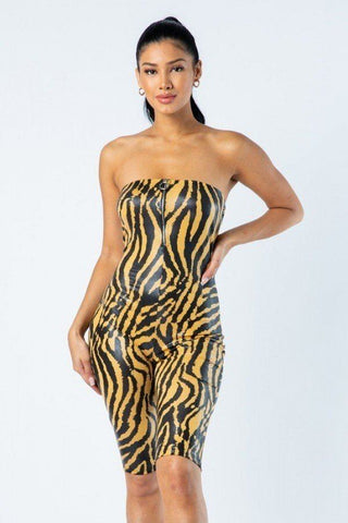 Zebra Print Tube Romper With Front O Ring Zipper Detail Look Up Deals