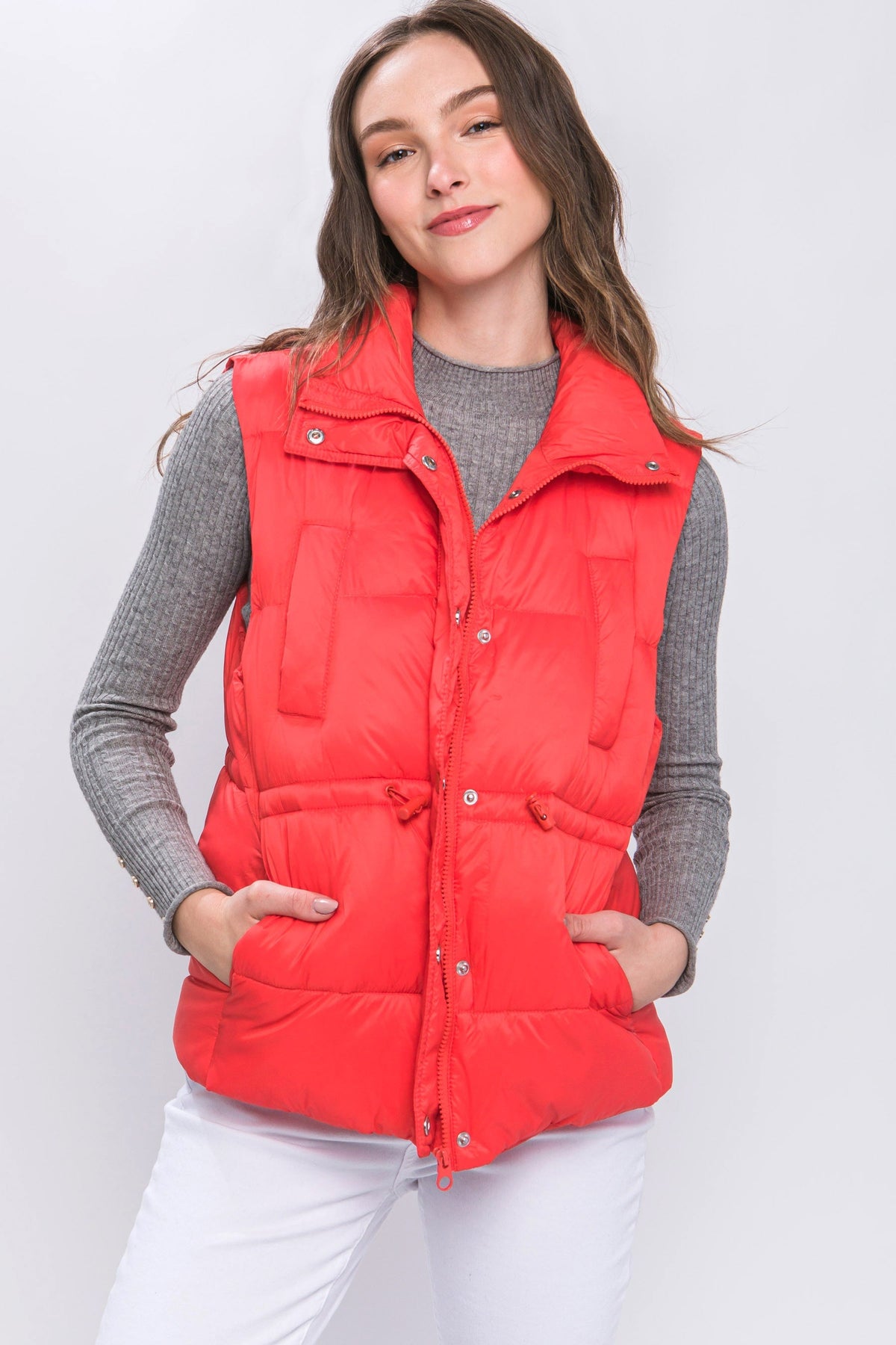 Zip Up Button Puffer Vest With Waist Toggles Look Up Deals