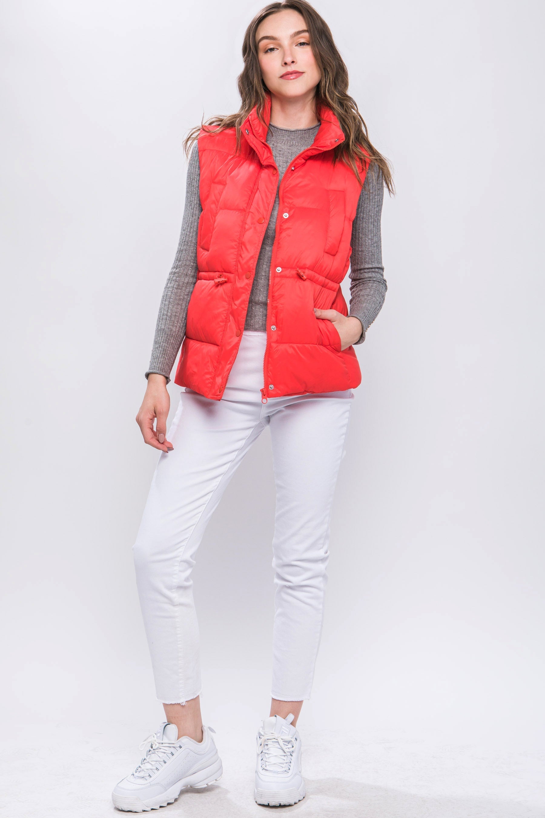 Zip Up Button Puffer Vest With Waist Toggles Look Up Deals