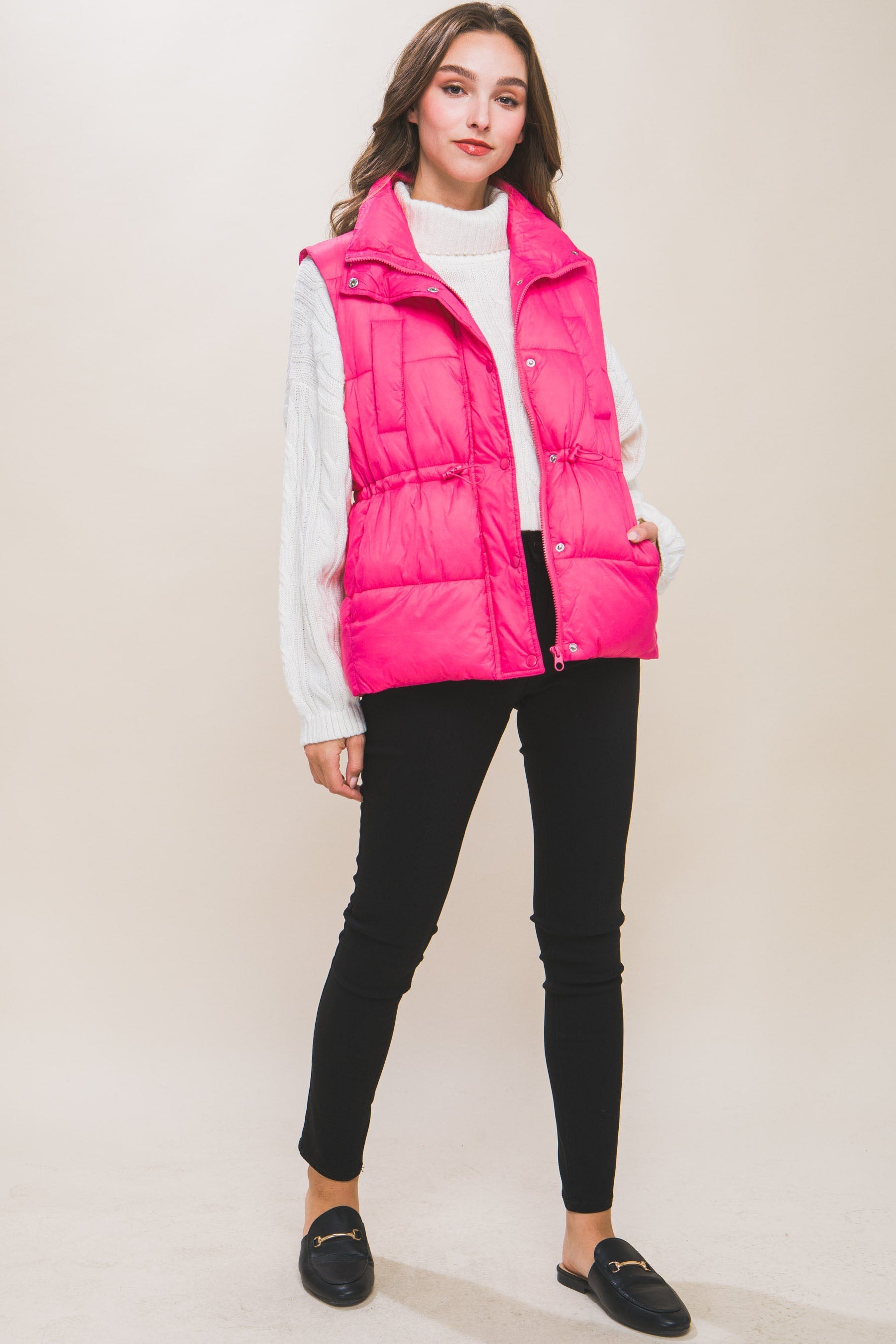 Zip Up Button Puffer Vest With Waist Toggles Look Up Deals