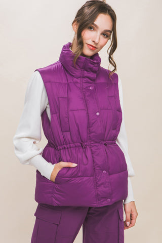 Zip Up Button Puffer Vest With Waist Toggles Look Up Deals