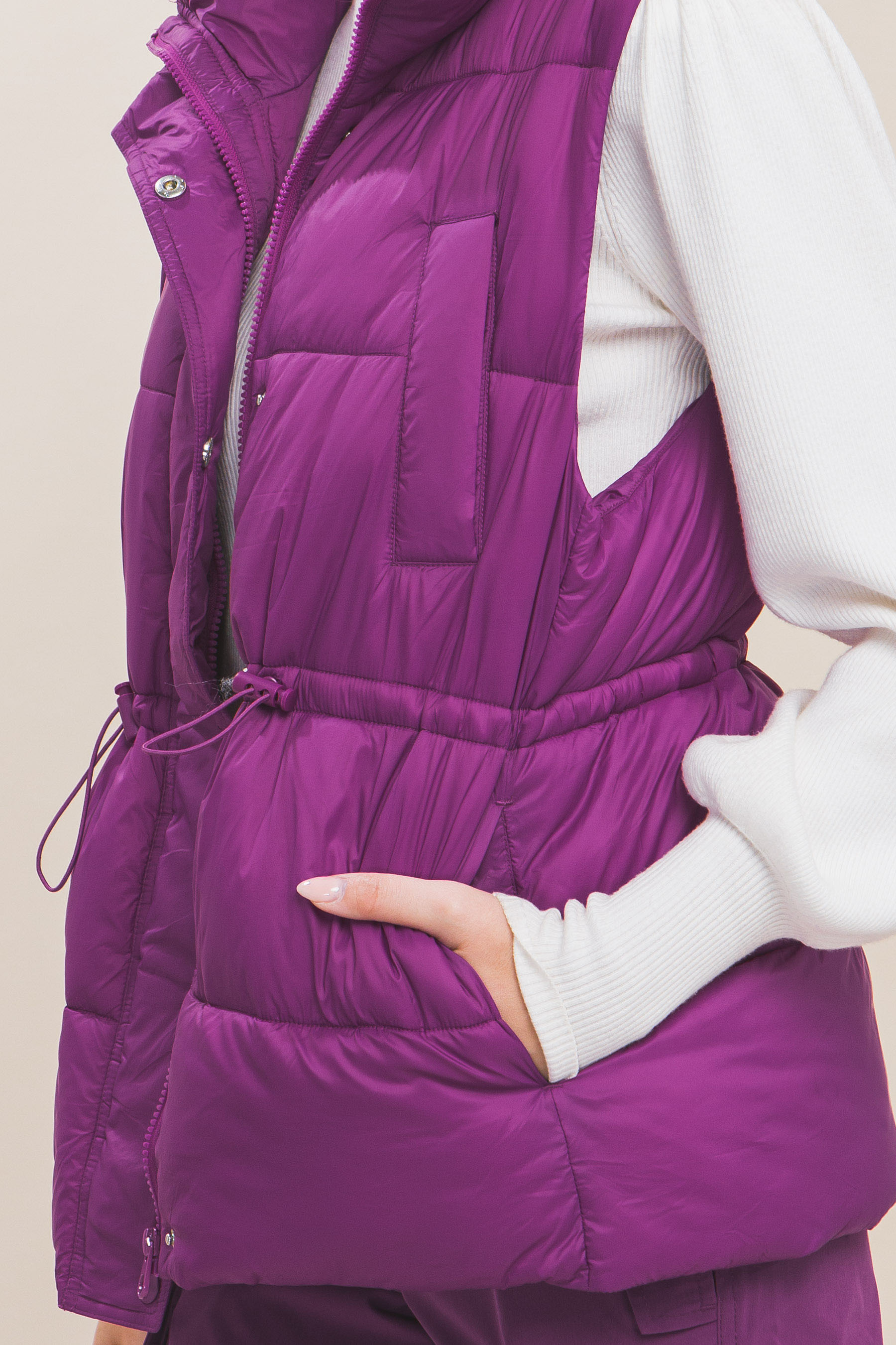 Zip Up Button Puffer Vest With Waist Toggles Look Up Deals