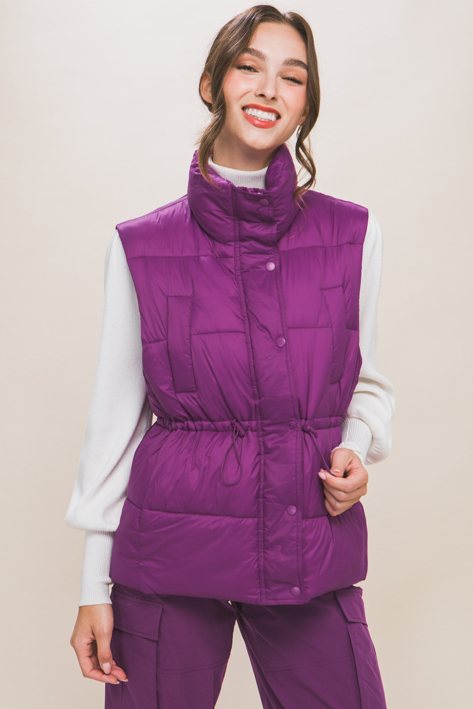 Zip Up Button Puffer Vest With Waist Toggles Look Up Deals