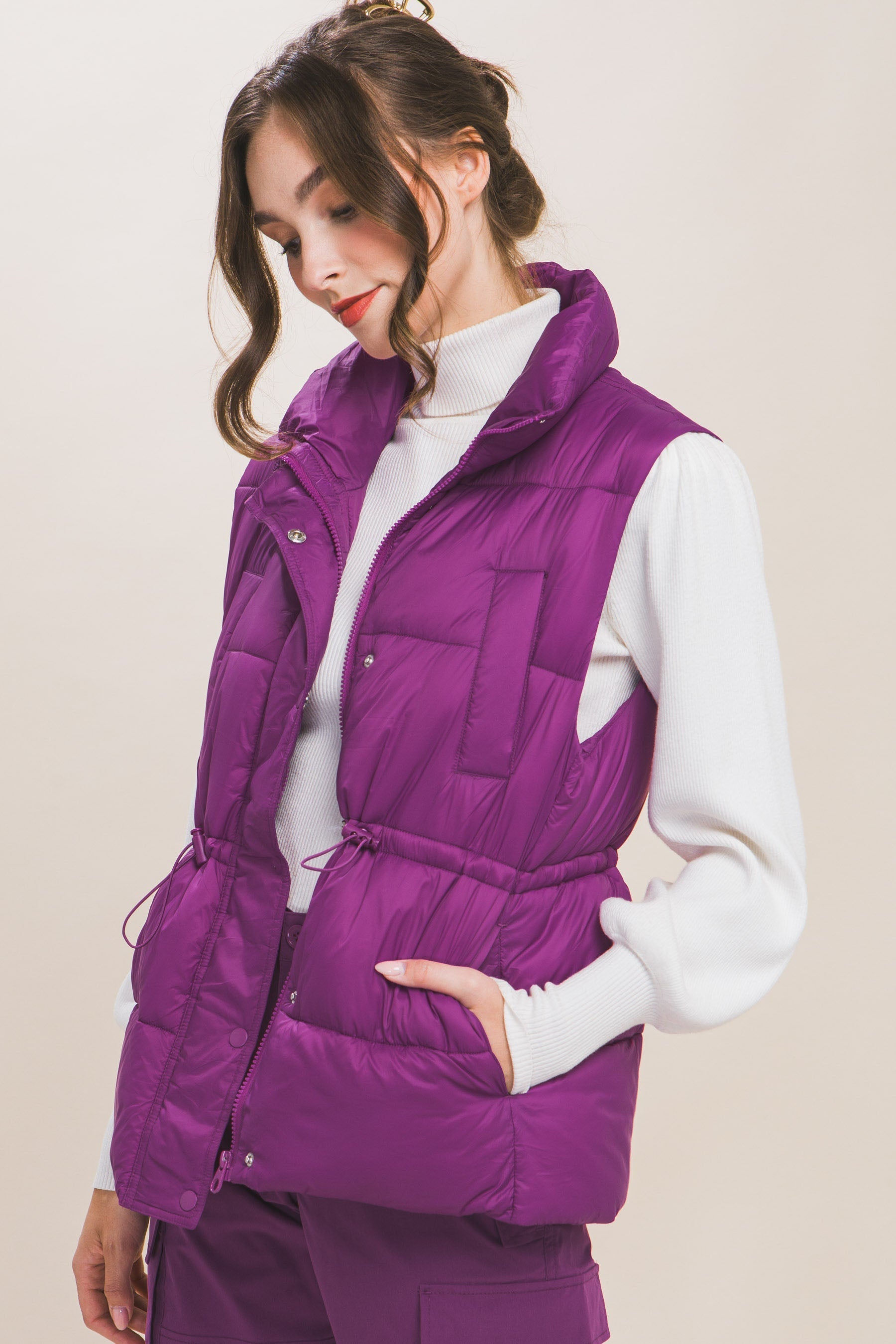 Zip Up Button Puffer Vest With Waist Toggles Look Up Deals