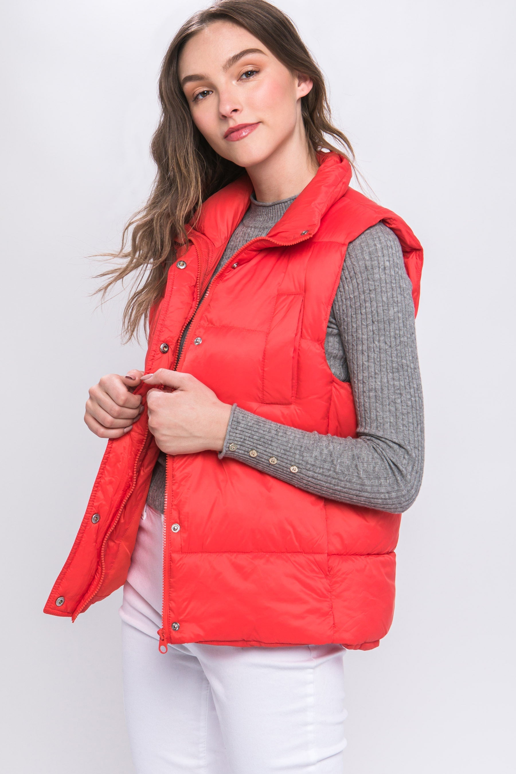 Zip Up Button Puffer Vest With Waist Toggles Look Up Deals