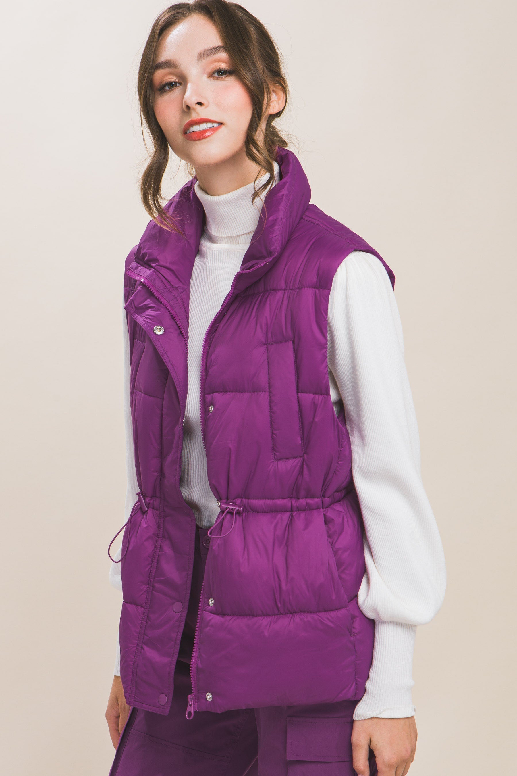 Zip Up Button Puffer Vest With Waist Toggles Look Up Deals