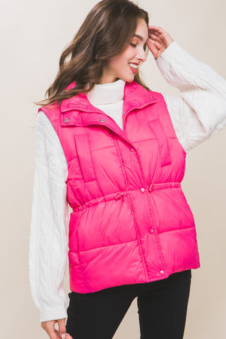 Zip Up Button Puffer Vest With Waist Toggles Look Up Deals