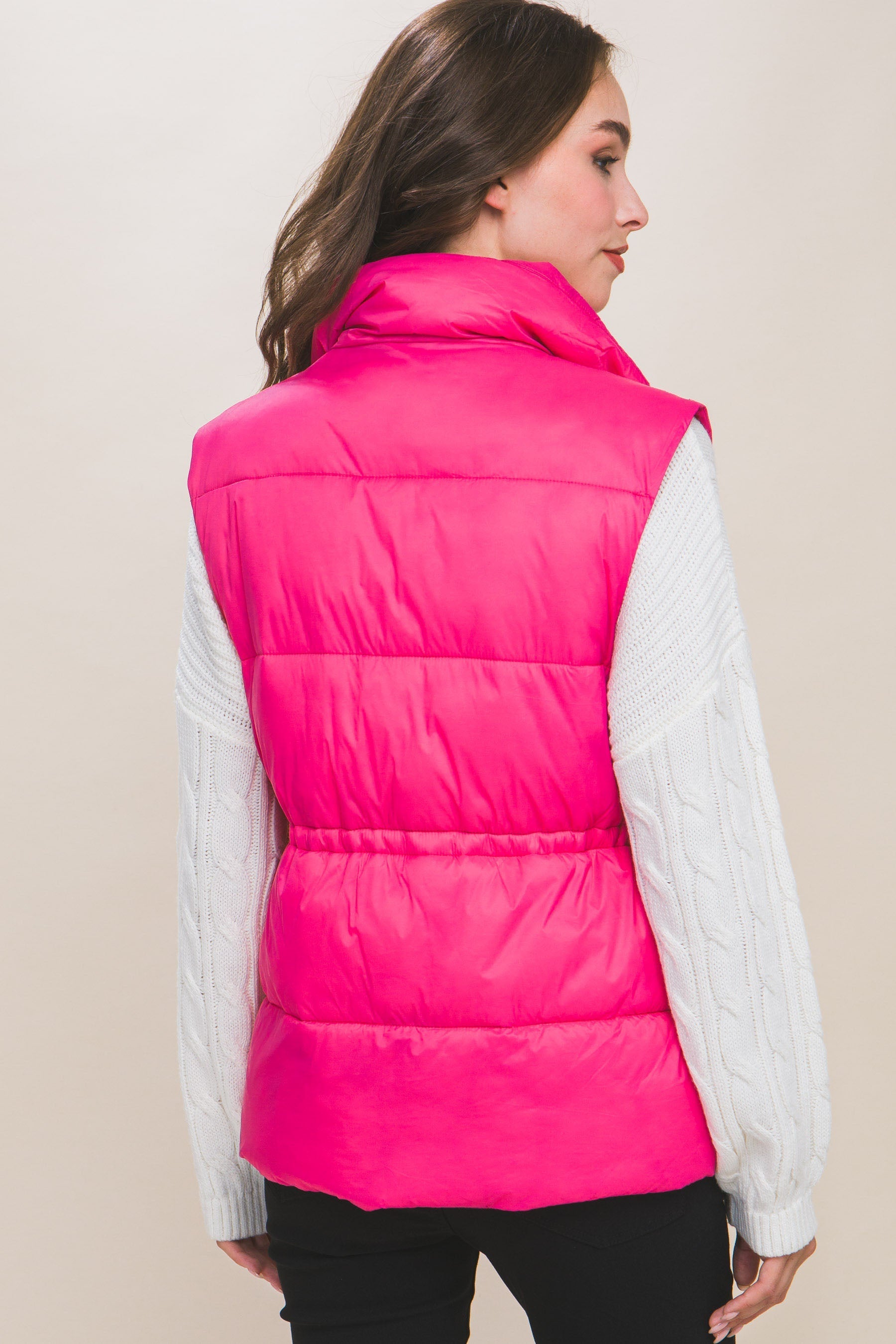 Zip Up Button Puffer Vest With Waist Toggles Look Up Deals