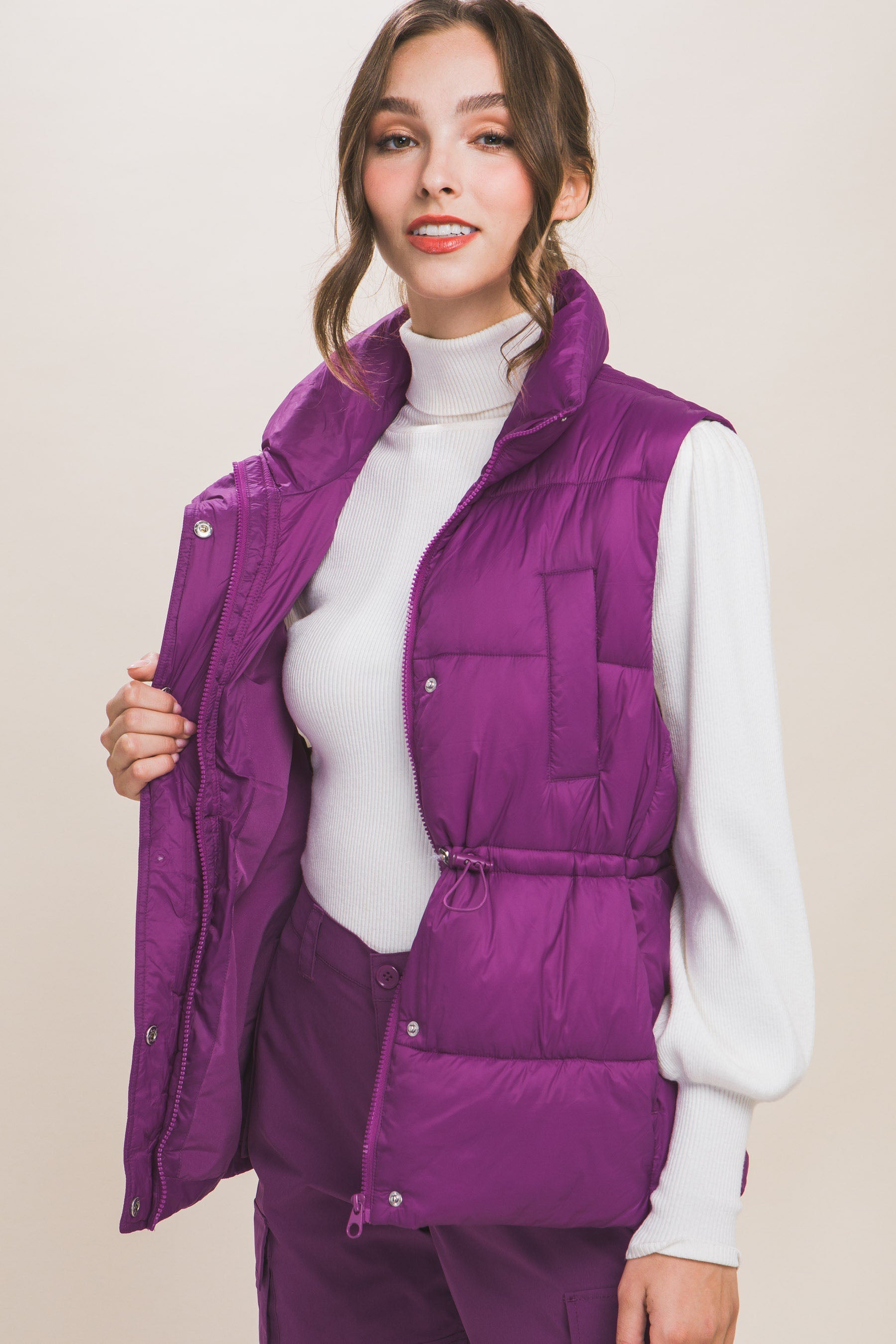 Zip Up Button Puffer Vest With Waist Toggles Look Up Deals