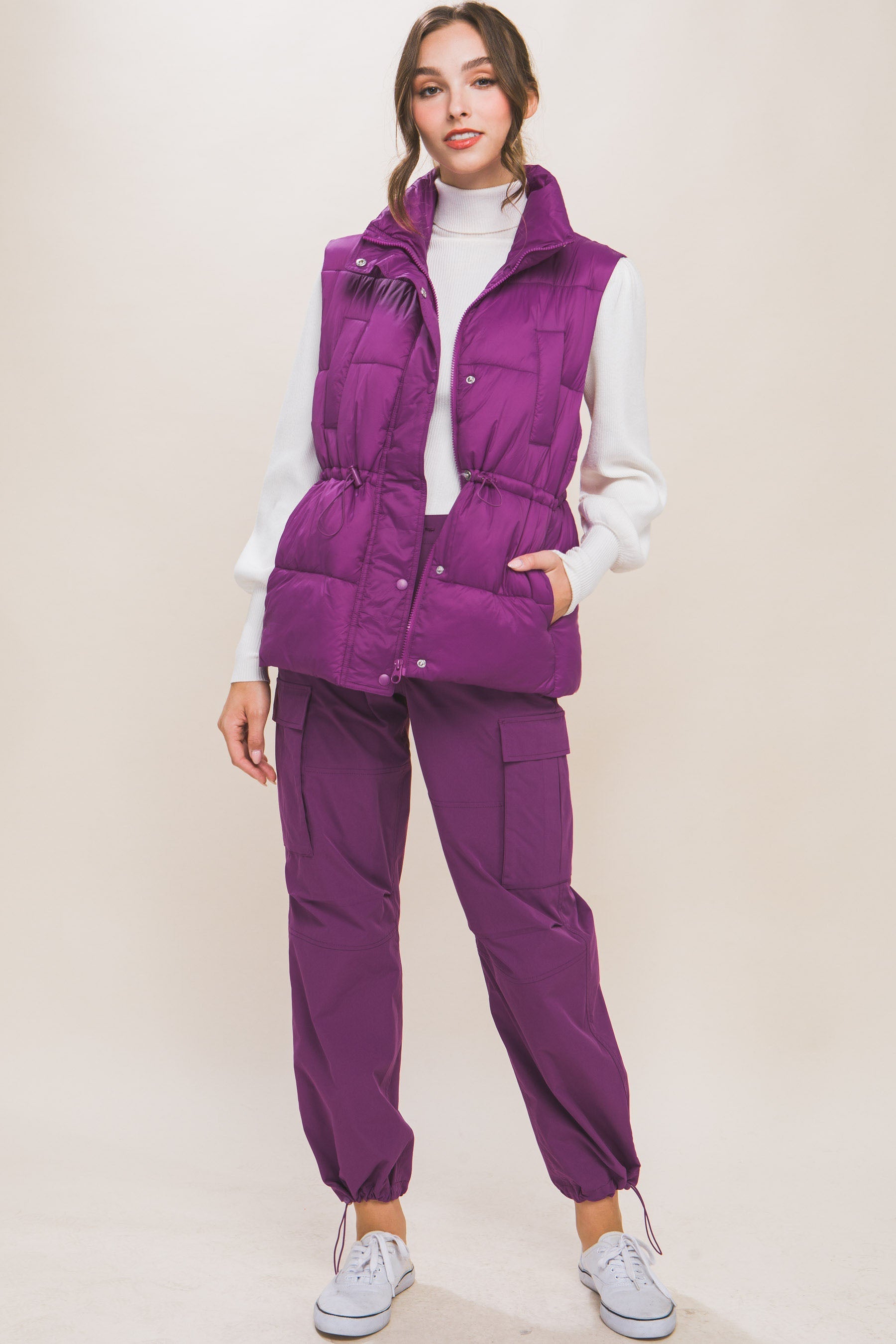 Zip Up Button Puffer Vest With Waist Toggles Look Up Deals